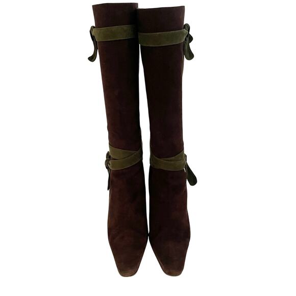 Vintage Prada Brown Green Suede Tie Strap Two-Tone Knee High Block Heel Boots 38 - Picture 5 of 12